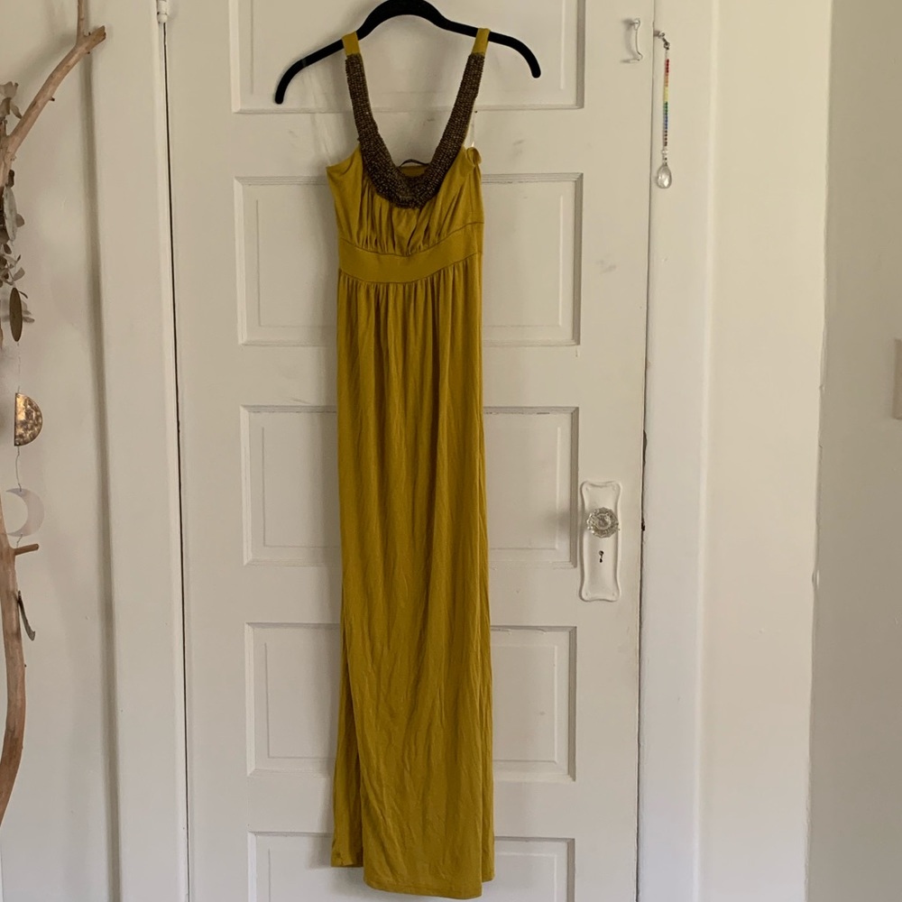 Chartreuse beaded maxi dress.